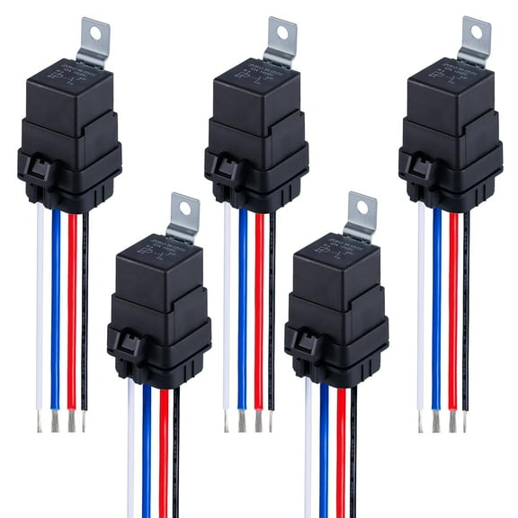 4-PIN 12V DC Waterproof Relay with Harness - 40/30 AMP Heavy Duty 12 AWG Tinned Copper Wires SPST Automotive 12V Relay Switch Kit for Horns, Starters, Radiator Fans, Lights - Pack of 5