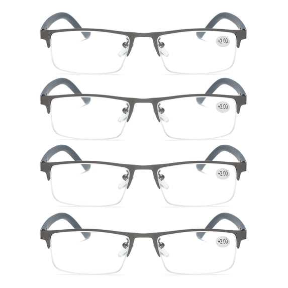 4 PK Men's Blue Light Blocking Reading Glasses - Rectangular Metal Half-Frame - Spring Hinge Readers +2.50