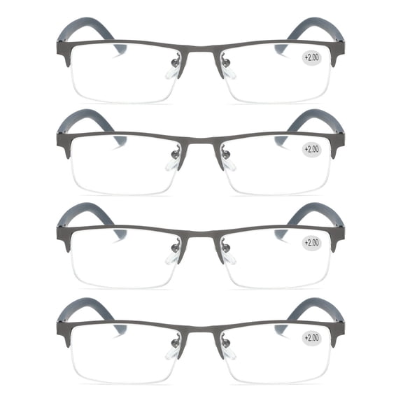 4 PK Men's Blue Light Blocking Reading Glasses - Rectangular Metal Half-Frame - Spring Hinge Readers