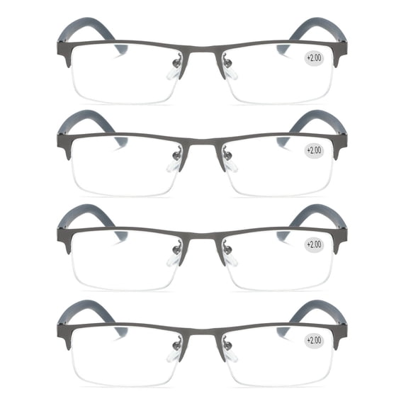 4 PK Men's Blue Light Blocking Reading Glasses - Rectangular Metal Half-Frame - Spring Hinge Readers