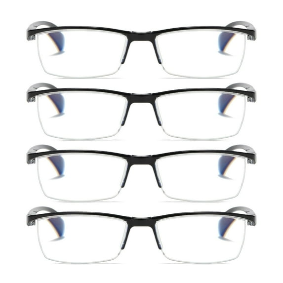 4 PK Mens Reading Glasses Readers - Rectangular Half-Frame - Lightweight & Spring Hinge - Block Harmful Blue Light +2.50