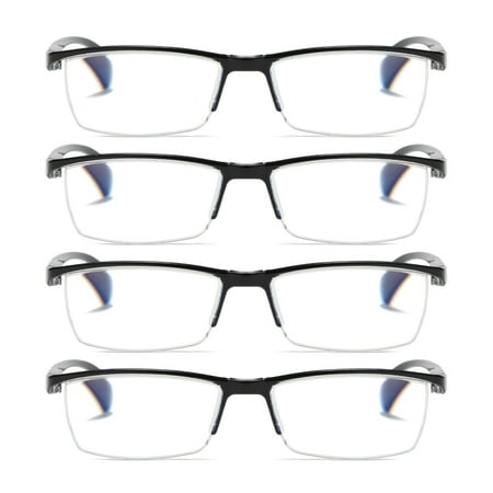 4 PK Mens Reading Glasses Readers - Rectangular Half-Frame - Lightweight & Spring Hinge - Block Harmful Blue Light +3.50
