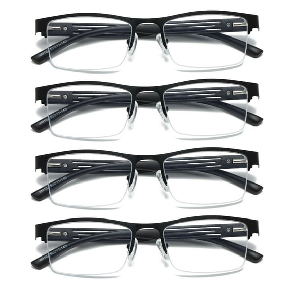 4 PK Mens Reading Glasses Spring Hinge - Square Metal Half-Frame - Blue Light Blocker Readers +0.75