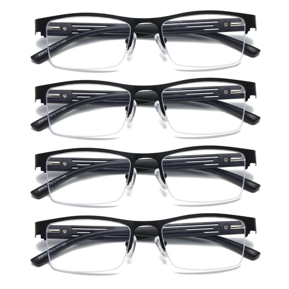 4 PK Mens Reading Glasses Spring Hinge - Square Metal Half-Frame - Blue Light Blocker Readers +3.00