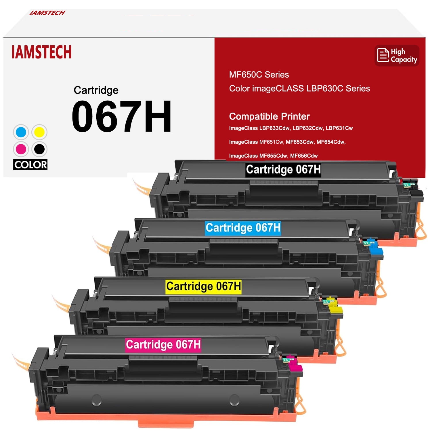 IAMSTECH Compatible for Canon 067H 067 CRG-067H Toner Cartidge Canon ImageCLASS MF656Cdw LBP632Cdw MF653Cdw LBP633Cdw MF654Cdw MF650 LBP630 High Yield Printer Ink 4-Pack (Black Cyan Yellow Magenta)