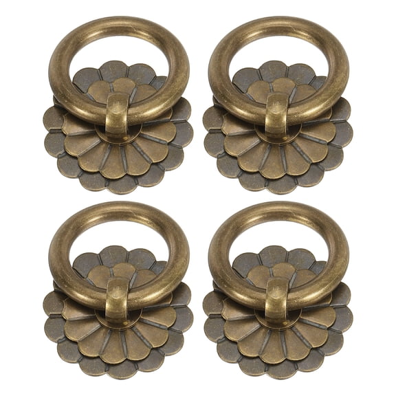 4 Pack 1.18 Inch Brass Drawer Pulls and Knobs, Vintage Ring Drawer Pulls with Screws Flower Shape for Cabinet Dresser Closet Cupboard, Bronze