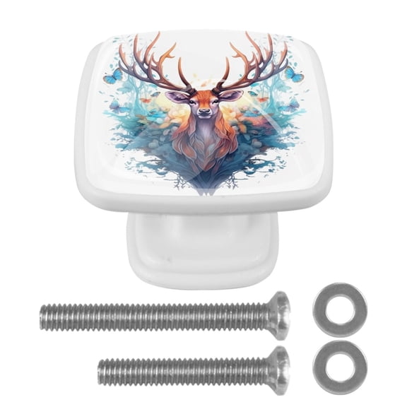 4 Pack 1.18" Decorative Cabinet Knobs - Durable ABS Glass Handles for Cabinets, Drawers, and More - Enhance Your Home Kitchen Bedroom Furniture Decor - Deer and Blue Forest Butterflies