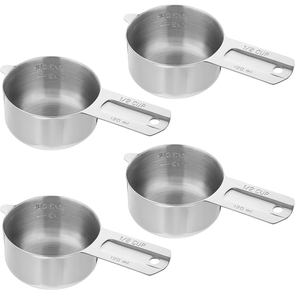 4 Pack 1/2 Cup Stainless Steel Measuring Cup 120 ml | 120 cc | 4 oz Metal Measuring Cups with Handle Kitchen Cooking Gadgets Rice Measurings Cups for Wet and Dry Ingredients