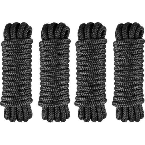 4 Pack 1/2" x 10' Boat Fender Lines - Marine Grade Nylon Boat Rope with 5" Loop for Tying Fenders and Docking Small Boats - Double Braided Dock Lines, Easy Handling, Fray Resistant - Black