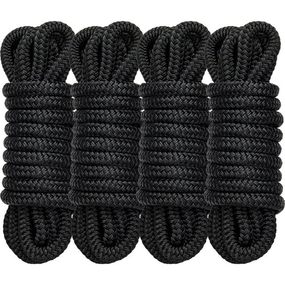 4 Pack 1/2" x 15 Boat Dock Lines for Boat & Pontoon, Premium Marine- Grade Double Braided Nylon Dock Line, Pre-Spliced with a 12" Eyelet-Black,Boating Gifts for Men