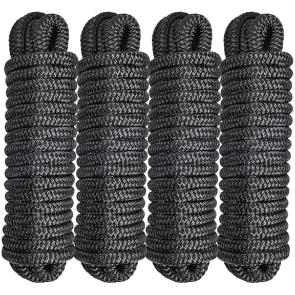 4 Pack 1/2" x 25 Boat Dock Lines for Boat & Pontoon, Premium Marine- Grade Double Braided Nylon Dock Line, Pre-Spliced with a 12" Eyelet-Black,Boating Gifts for Men$$Watercraft