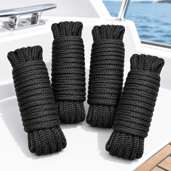 4 Pack 1/2" x 25' Double Braided Nylon Dock Lines, Black, Marine Grade Boat Rope for Docking and Mooring