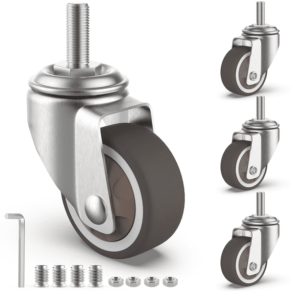 4-Pack 1.25 Inch Caster Wheels, M6 Threaded Stem, Swivel with 360 Rotation, TPR Rubber Silent Rollers for Furniture, Cart, Dolly, Chair, Cabinet, Office Equipment, Smooth and Quiet Mobility