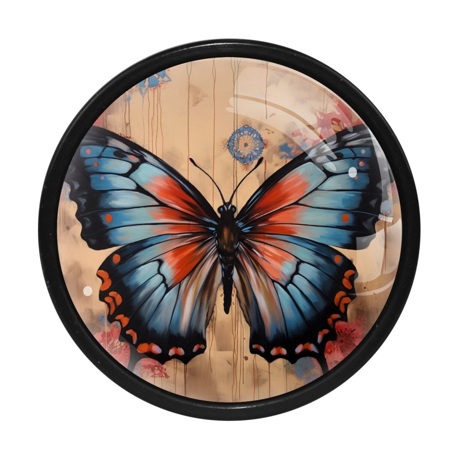 4 Pack 1.3" Decorative Cabinet Knobs - Unique Design for Home Kitchen Bedroom Furniture Decor - Durable ABS Cabochon Glass Materials - Easy Installation - Blue Butterfly Ink Paint Flowers