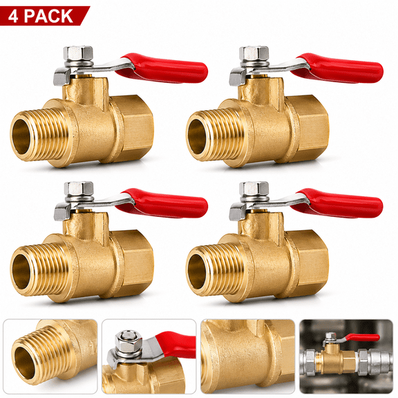 4 Pack 1/4 Inch Brass Ball Valve Male Female NPT Shut Off Valve For Water Air Fuel Gas Compressor Tank Drain Pipe Fitting Heavy Duty Metal Mini Valve Leak Resistant Plumbing Hardware
