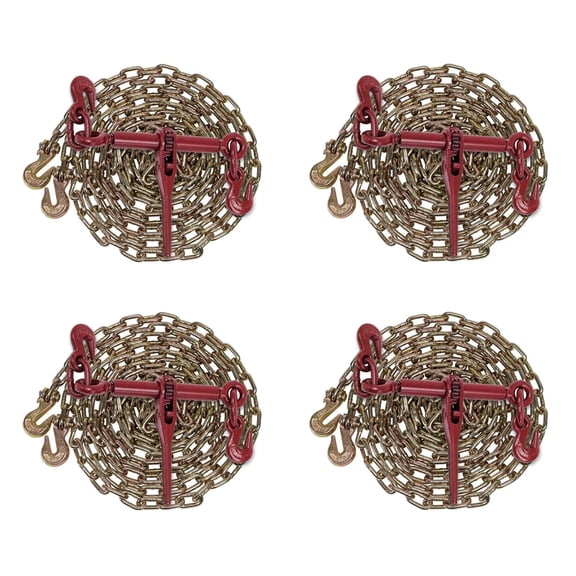 (4 Pack) 1/4" x 12' Grade 70 Chain Binder Kit with Grab Hook & 1/4" - 5/16" Load Binder - 3150 LBS WLL Transport Binder Tow Chain with Hooks - Heavy Duty Ratcheting Chain & Binder