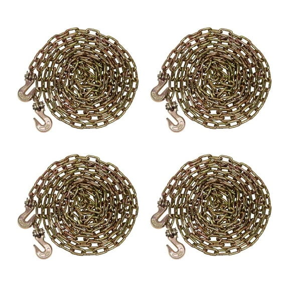 (4 Pack) 1/4" x 16' Transport Binder Chain Grade 70 with Grab Hook - 3150 LBS WLL Transport Binder Tow Chain with Hooks - Towing Equipment - Gold Chromate