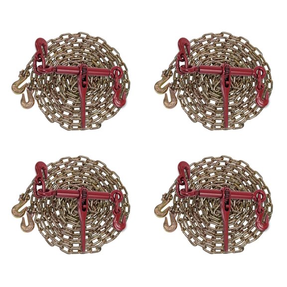 (4 Pack) 1/4" x 20' Grade 70 Chain Binder Kit with Grab Hook & 1/4" - 5/16" Load Binder - 3150 LBS WLL Transport Binder Tow Chain with Hooks - Heavy Duty Ratcheting Chain & Binder