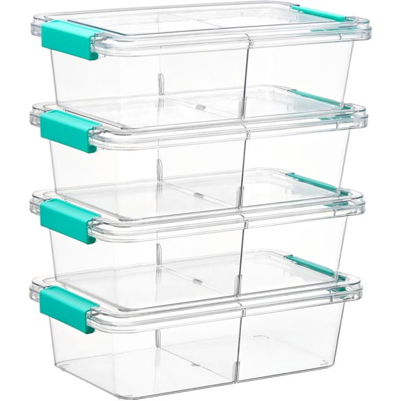 4 Pack 1.5Qt Clear Pencil Box, Plastic Pencil Holder with Removable Divider for Pen Organizer, Small Stackable Containers with Lid for Pen, Art Craft, Sticker, Scrapbook & Office Supplies