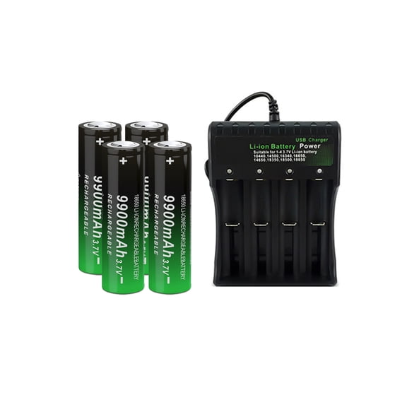 4 Pack 18650 Rechargeable Battery with 4-slot batteries Charger 3.7V Flat Top 9900mAh High Capacity for Flashlights, Doorbells, Headlamps