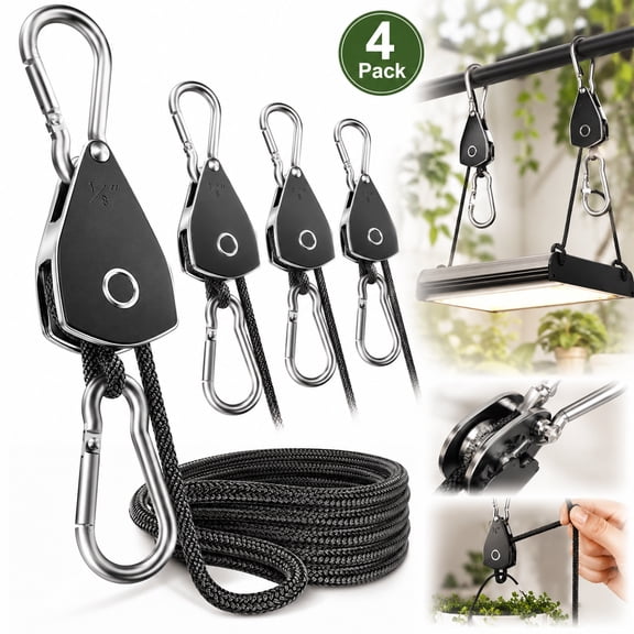4-Pack 1/8" Adjustable Rope Hanger, Heavy Duty Ratchet Tie Down Strap with Reinforced Metal Gear, Ratcheting Pulley System Kayak Straps for Hanging Plants Grow Light and Various Tie-Down Uses