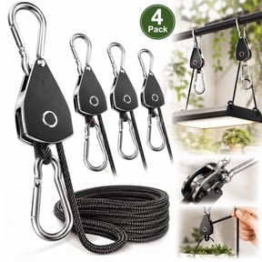 4-Pack 1/8" Adjustable Rope Hanger, Heavy Duty Ratchet Tie Down Strap with Reinforced Metal Gear, Ratcheting Pulley System Kayak Straps for Hanging Plants Grow Light and Various Tie-Down Uses