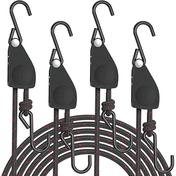 4-Pack 1/8" Adjustable Rope Hanger, Heavy Duty Ratchet Tie Down Strap with Reinforced Metal Gear, Ratcheting Pulley System Kayak Straps for Hanging Plants Grow Light and Various Tie-Down Uses