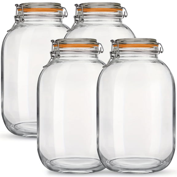 4 Pack 1 Gallon Wide Mouth Glass Mason Jars, Rectangular Hinged Airtight Storage Jars with Extra Silicone Gaskets for Fermenting Canning Pantry