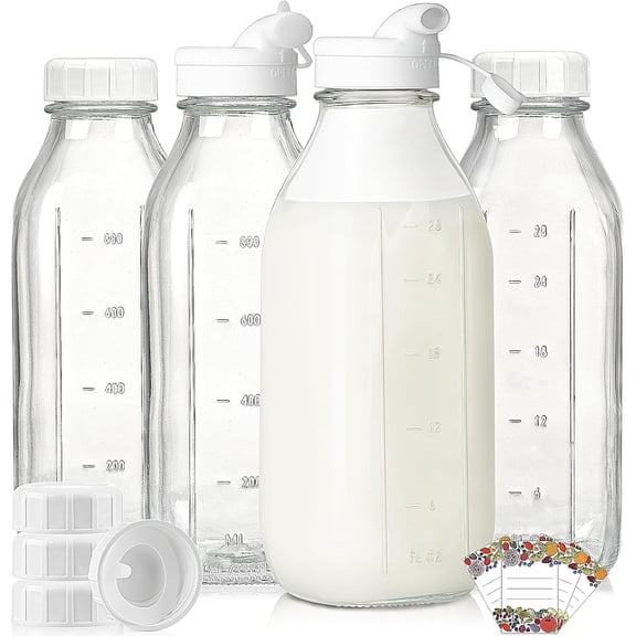 4 Pack 1 Liter Glass Milk Bottles w Scale, 100% Airtight Heavy Duty Screw Lid - 32 Oz Drinking Jars w 2 Pour Spouts - Glass Bottles for Milk, Honey, Jam, Creamer - Dishwasher Safe(Extra 2 Lids)