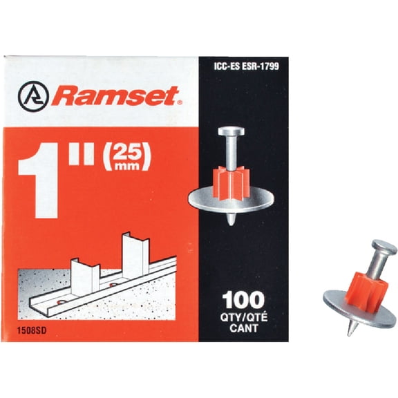 4-pack Ramset Powder Fastener Pin With Washer - For Concrete And Steel - 4 Pack, 1 In — Construction & DIY Use, Standard Hardware Spec