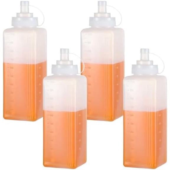 4 Pack 1 QT Large Condiment Squeeze Bottle for Sauses, 34oz Wide Mouth Liquids Dispenser Bottles with Lid, For Ketchup, Taco, Marinara, Pasta, BBQ, Spaghetti, Tomato Sauce, Restaurant-Grade Design$$