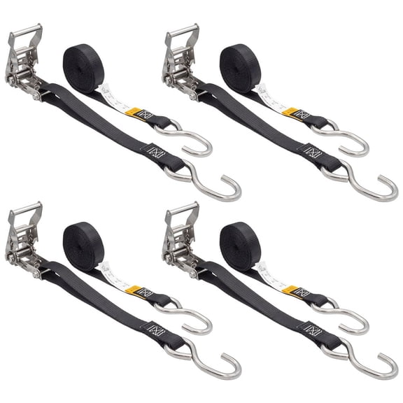 4 Pack 1" x 10' Stainless Steel Ratchet Straps with S-Hooks 765 lbs Break Strength, Marine Tie Down Straps, Corrosion Resistant for Boats, ATVs, Trees, Camping, Saltwater Applications