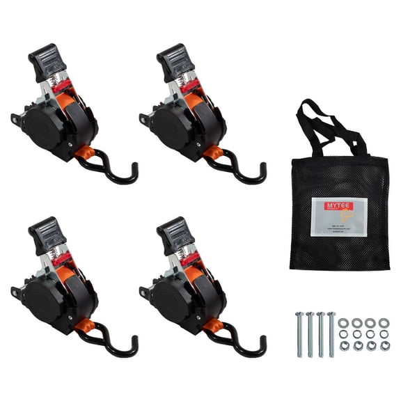 4 Pack 1''x10' Bolt on Orange Retractable Ratchet Straps for Cargo - Coated S Hook Auto Retract Ratchet Straps - Self Ratcheting Strap for Boat Tie Down to Trailer & Jet Ski, ATVs