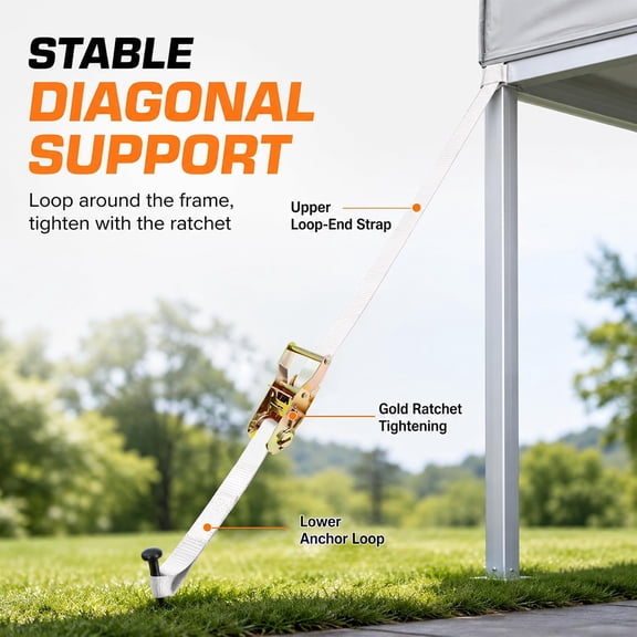 4-Pack 1" x12ft White Ratchet Tent Straps Heavy Duty Webbing Loop | 2500lbs breaking strength. All-weather canopy tie down camping straps for tourist tents & outdoor gear