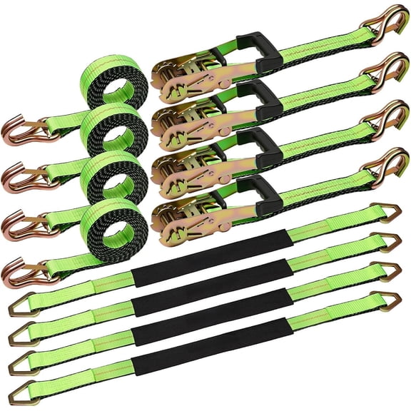 4-Pack 10,000lbs Break Strength Ratchet Straps Heavy Duty, 2 Inch x 10 Tie Down Straps with J-Hooks & Clips & 2" x 38"Axle Straps for , UTV, , Cargo & - Green