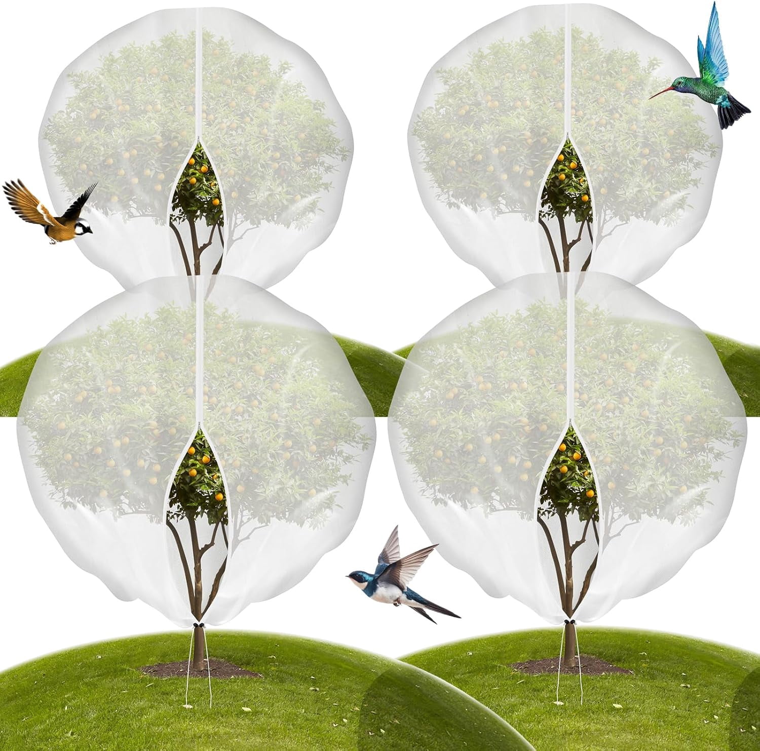 4-Pack 10 * 10FT Large Fruit Tree Netting with Drawstring and Zipper, Garden Netting for Garden Protection, Insect Bird Netting for Fruit Trees, Protection from Anti Bugs,Cicadas, Insects,Birds