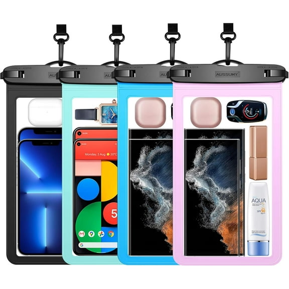 4 Pack 10.5 Large Waterproof Phone Pouch - Underwater Clear Cell Holder - Universal Water Proof Dry Bag with Neck Lanyard for iPhone 16 Pro Max Samsung Galaxy with Heavy Case for Beach Swimming Pool