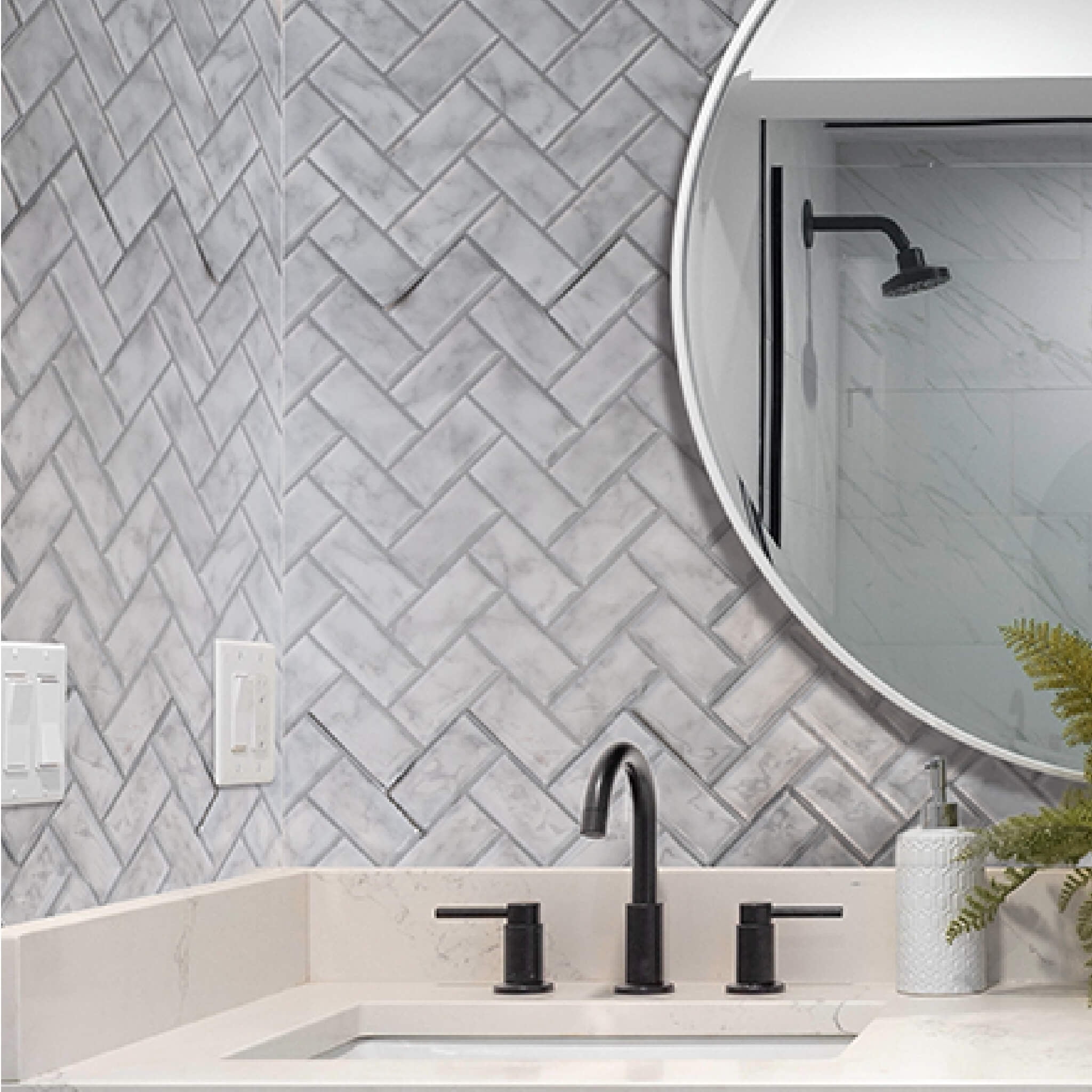 10.5" x 10.5" White Marble Herringbone Vinyl Peel and Stick Backsplash Tiles