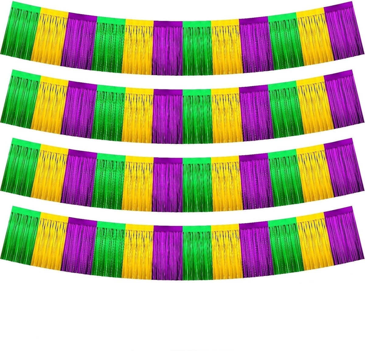 4 Pack 10 Feet Mardi Gras Foil Fringe Garland, Metallic Tinsel Streamers Banner, Wall Hanging Backdrop Banner for Parade Floats, Party,Wedding, Christmas Decoration