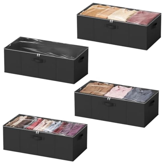 4 Pack 10 High Under Bed Storage Containers Large Underbed Storage Organizer Bins with Lids for Bedroom Dorm Clothes Closet Organization Bed Sheets and Blankets Black