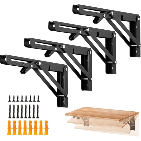 4 Pack 10 Inch Folding Shelf Brackets – Matte Black, Heavy Duty Collapsible Brackets for Tables and Benches – Space-Saving Design