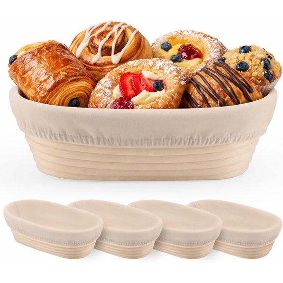 4 Pack 10 Inch Oval Banneton Bread Proofing Basket, Rattan Sourdough Bread Baskets with Liners for Baking