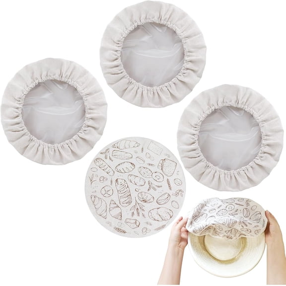 4 Pack 10 Inch Reusable Linen Bread Pattern Round Bowl Covers for Bread Proofing and Sourdough Rising