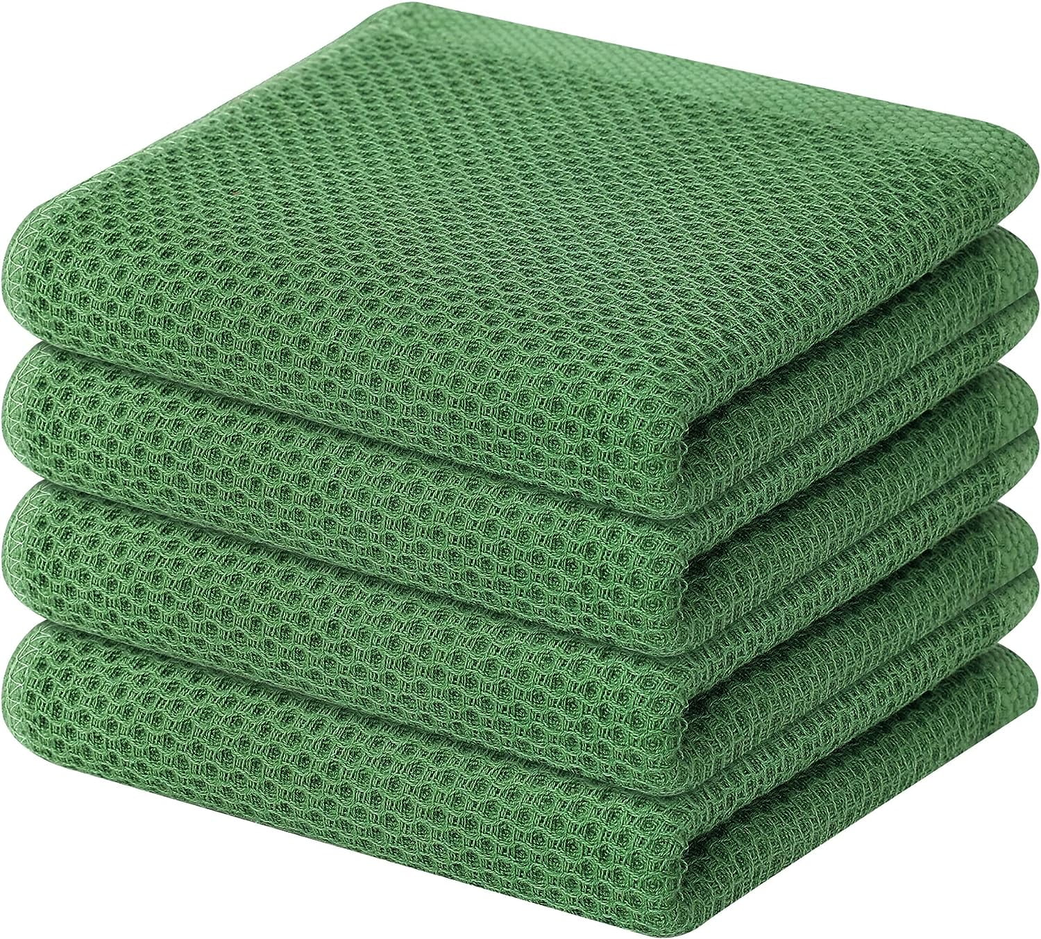 4 Pack 100% Cotton Dish Towels, Waffle Weave Dish Cloths for Washing Dishes, Quick Drying Kitchen Dish Towels Rags, 13x28 Inches, Green