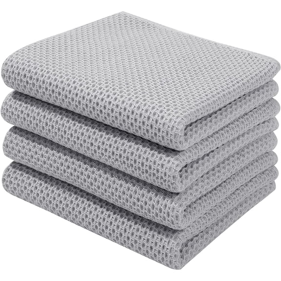 4 Pack 100% Cotton Dish Towels, Waffle Weave Dish Cloths for Washing Dishes, Quick Drying Kitchen Dish Towels Rags, 13x28 Inches, Light Gray