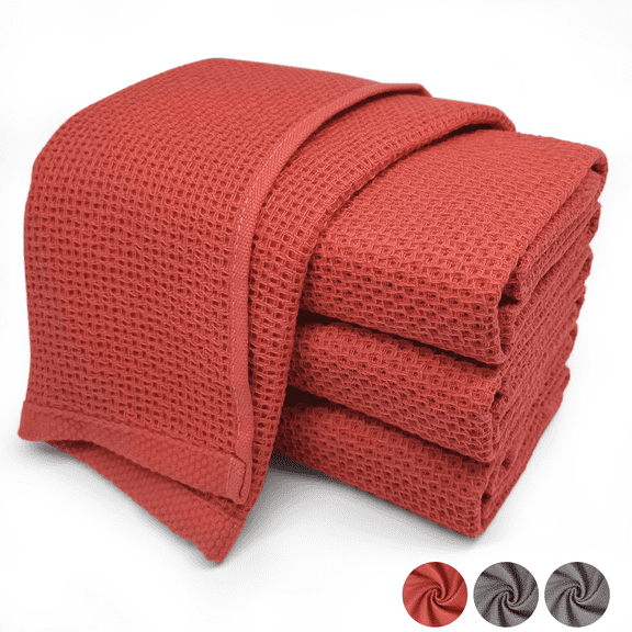 4 Pack 100% Cotton Dish Towels, Waffle Weave Dish Cloths for Washing Dishes, Quick Drying Kitchen Dish Towels Rags, 13x28 Inches, Red