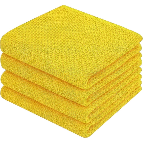 4 Pack 100% Cotton Dish Towels, Waffle Weave Dish Cloths for Washing Dishes, Quick Drying Kitchen Dish Towels Rags, 13x28 Inches, Yellow