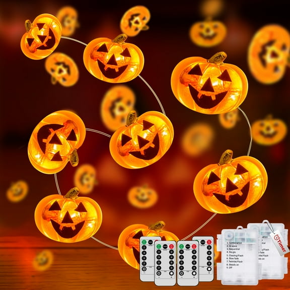 4 Pack 100 LED Halloween String Lights, Orange Pumpkin Fairy Lights Battery Operated with Remote Control for Halloween Decorations