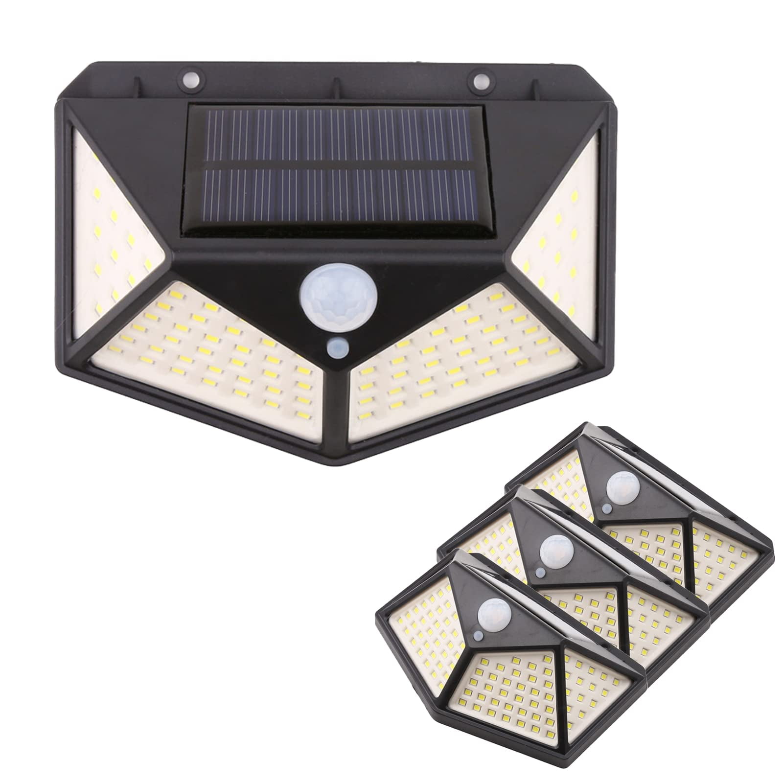 4 Pack 100 LED Motion Sensor Outdoor Lights with Lights Reflector and 3 Lighting Modes Solar Lights Outdoor with 270 Wide Angle Wireless IP65 Waterproof for Porch Garden Yard Garage