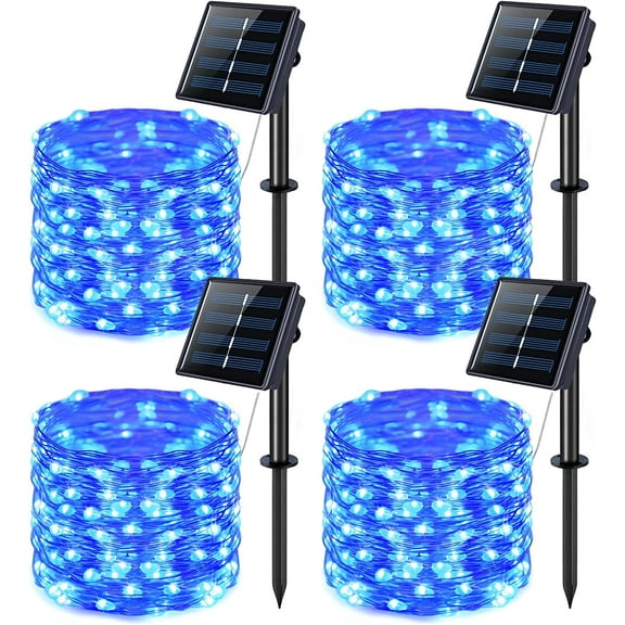 4 Pack 100 LED Solar Fairy Lights, 33ft Blue Solar String Lights Outdoor Waterproof, 8 Modes Copper Wire Solar Twinkle Lights for Patio Garden Yard Tree Christmas Halloween Decor